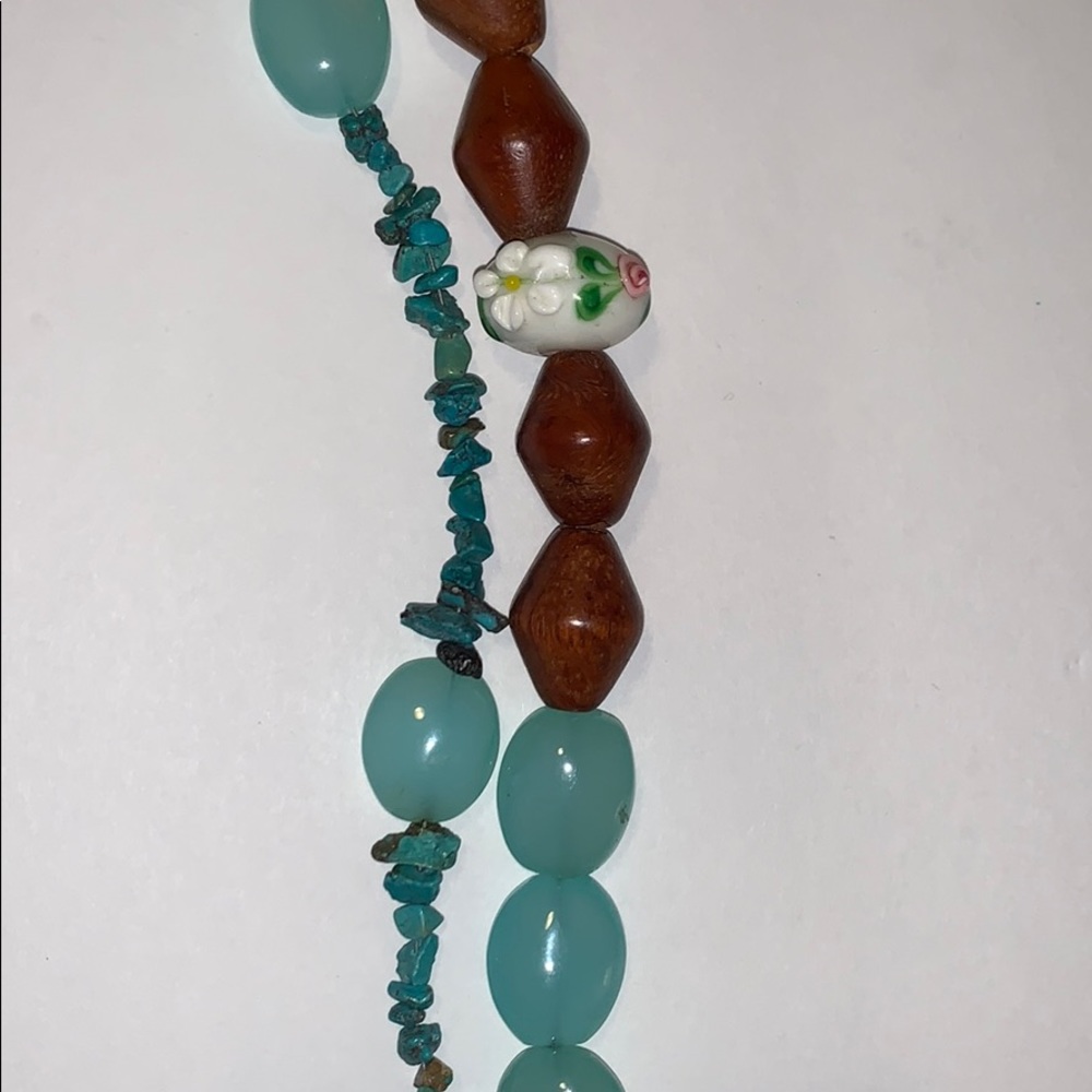 Turquoise Glass Wood and Hand Painted Bead necklace - Picture 4 of 5